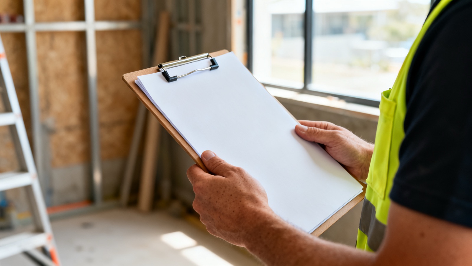 An Australian tradesperson reviewing paperwork at a desk in a bright home office