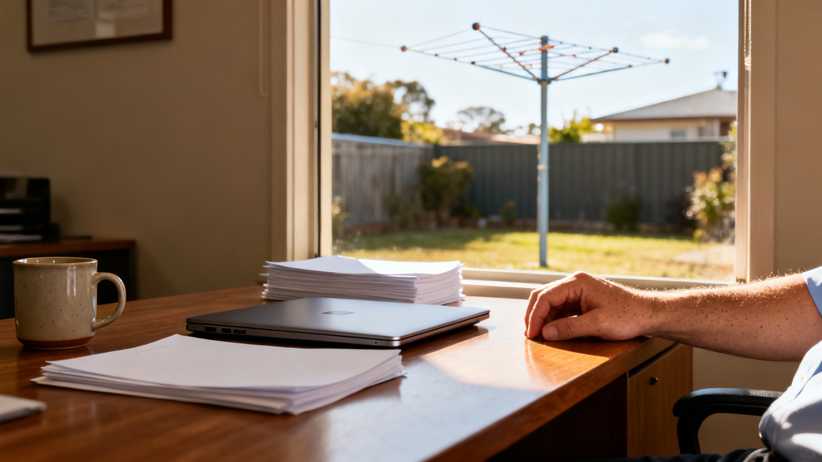 Small trade business office desk with paperwork and afternoon light