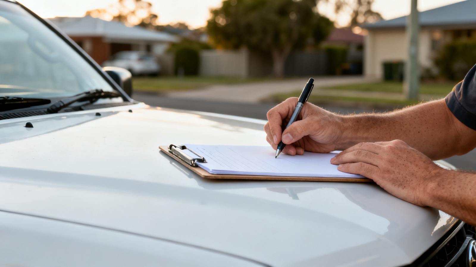 A tradesperson writing on a blank clipboard on the bonnet of a ute in a suburban Australian street