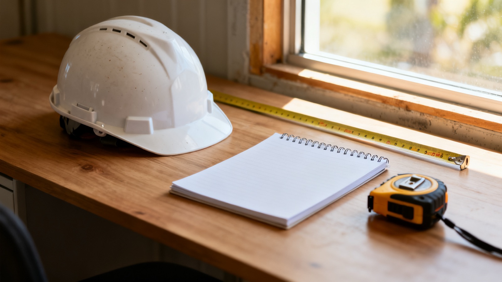 Overhead view of a clean desk with a hard hat, tape measure and blank notepad