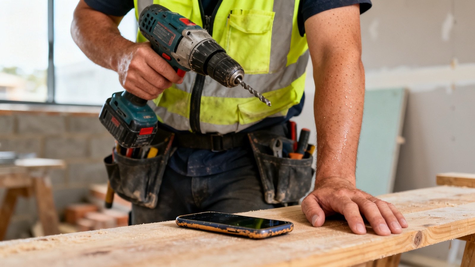 Tradie in high-vis with a drill at a construction site workbench