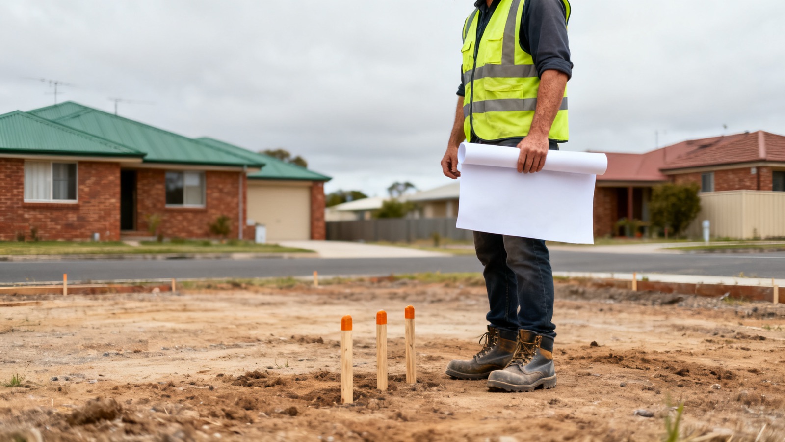 A construction worker reviewing survey pegs on a cleared residential block in an Australian suburb