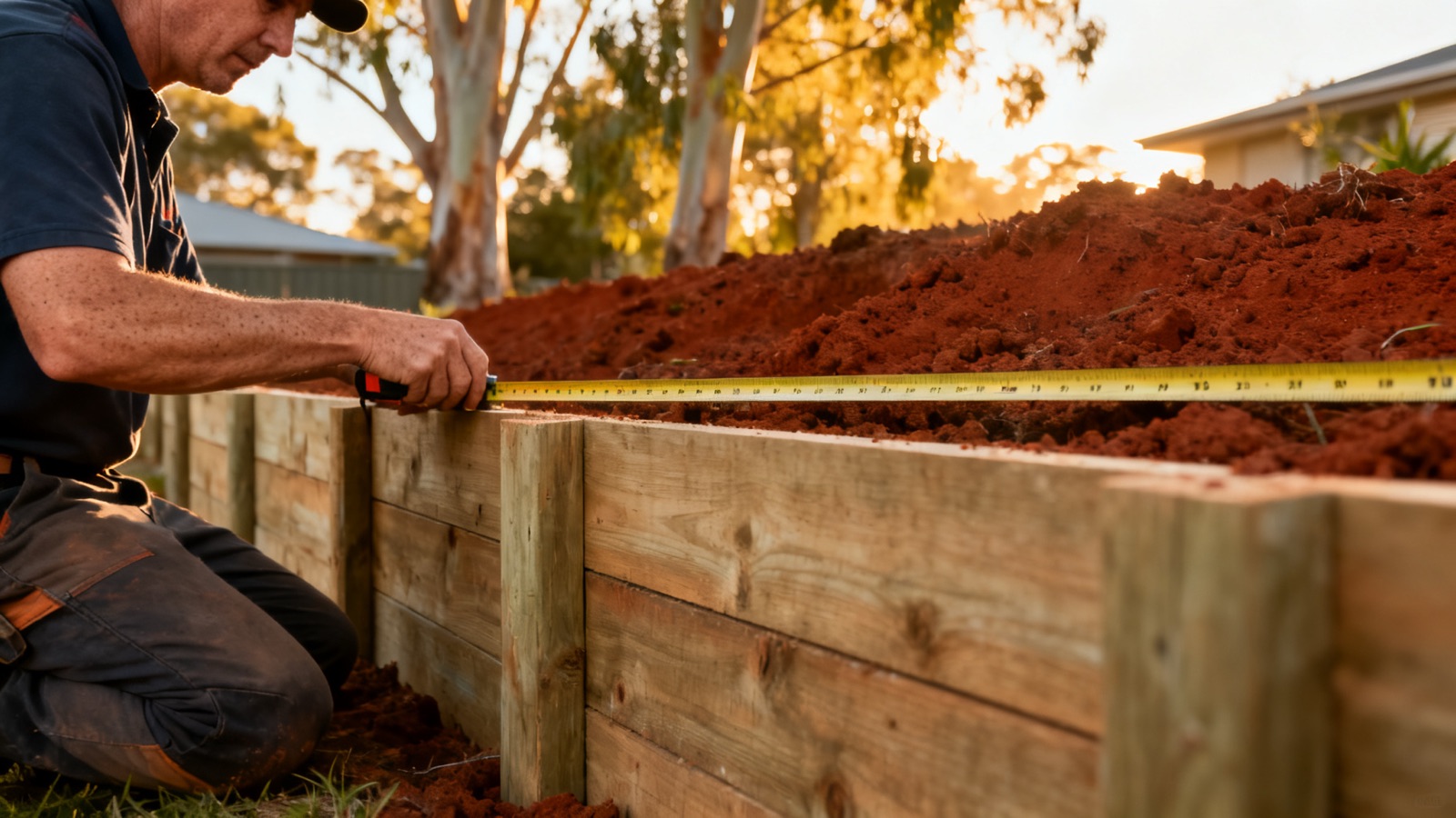 An Australian landscaper measuring a timber retaining wall under construction in a suburban backyard