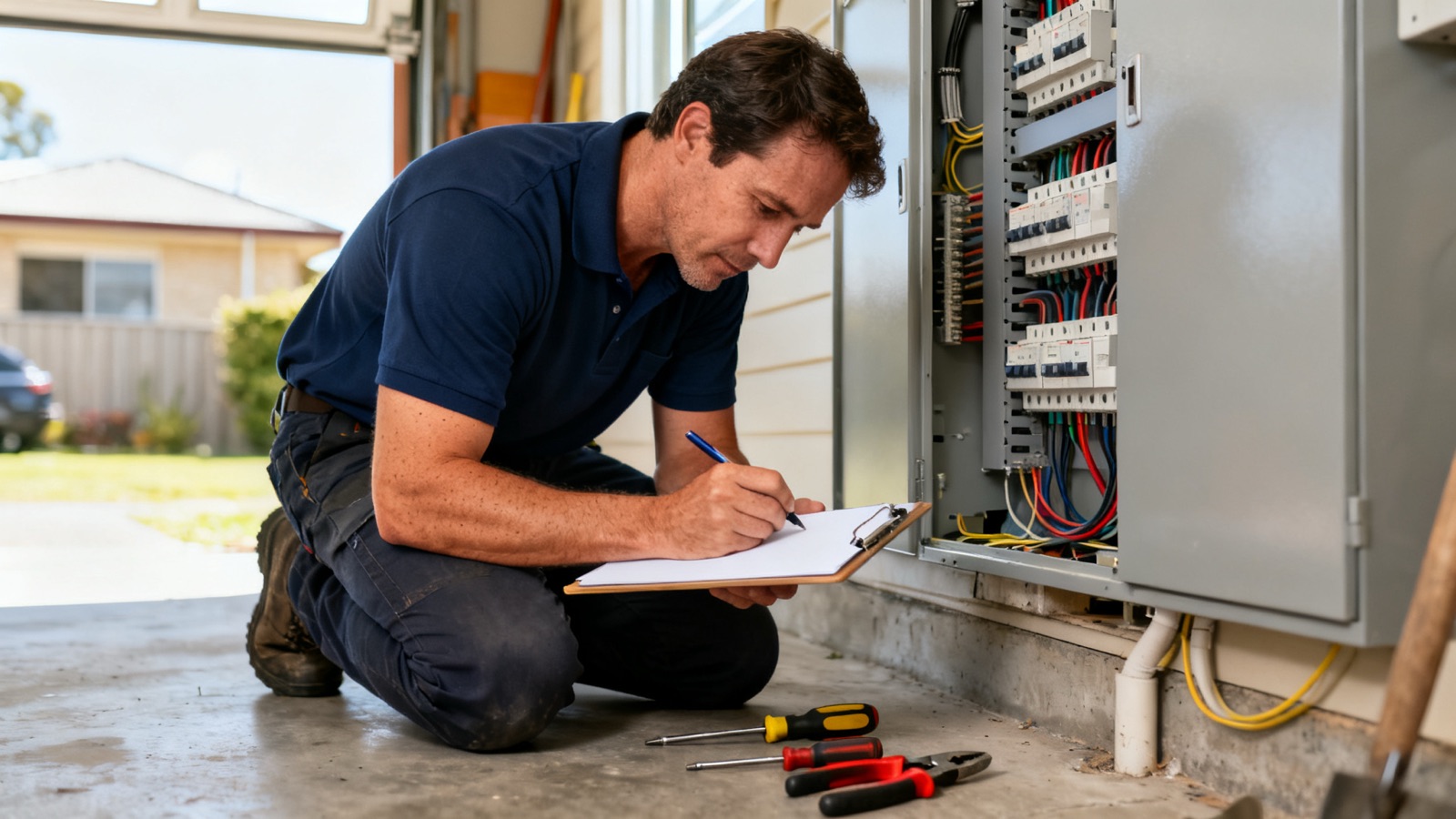 An electrician noting job details on a clipboard beside an open switchboard in a suburban garage