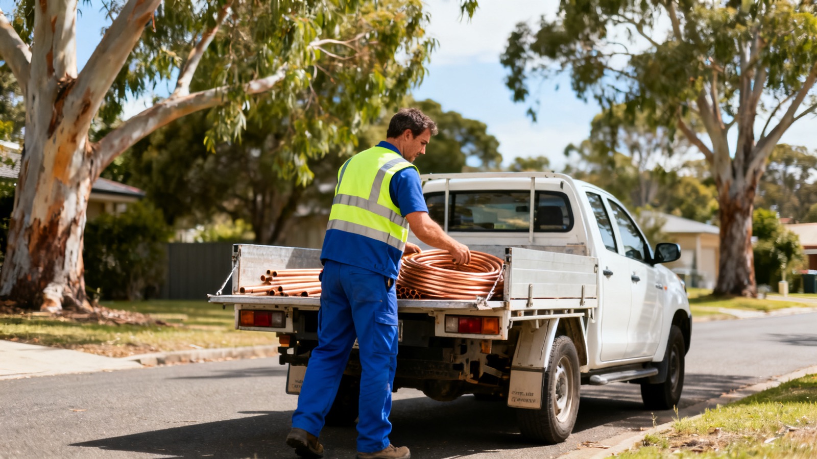 A plumber loading copper pipe onto the tray of a plain white ute in an Australian suburban street