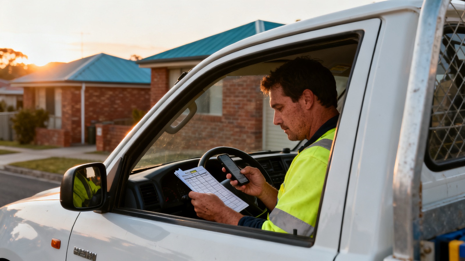 An Australian tradesperson in hi-vis sitting in a plain white ute at dawn, reviewing a job schedule on their phone
