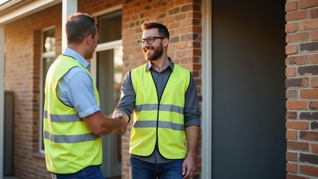 A tradesperson shaking hands with a homeowner after completing a bathroom renovation