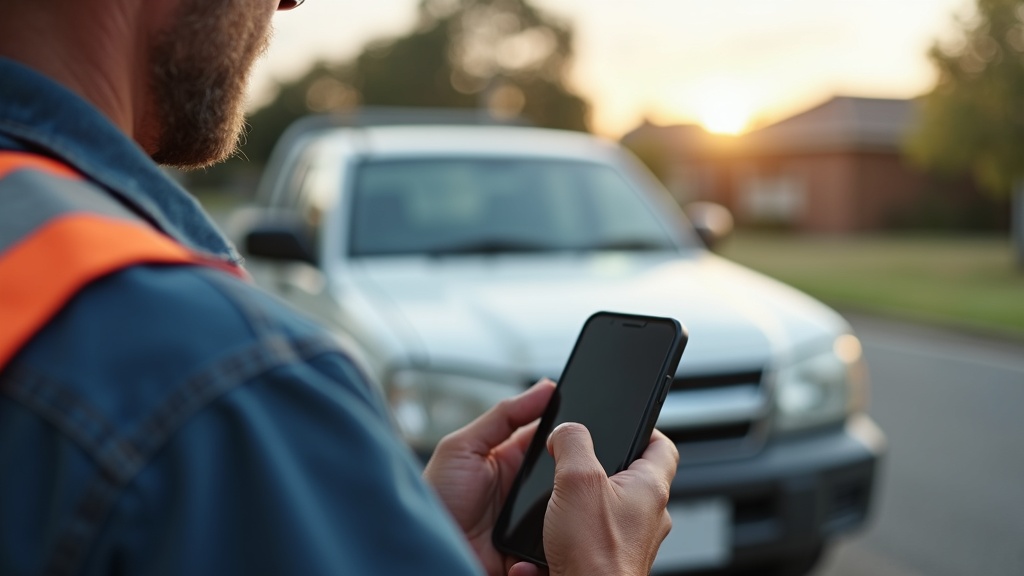 A tradesperson making a call beside their ute after finishing a job