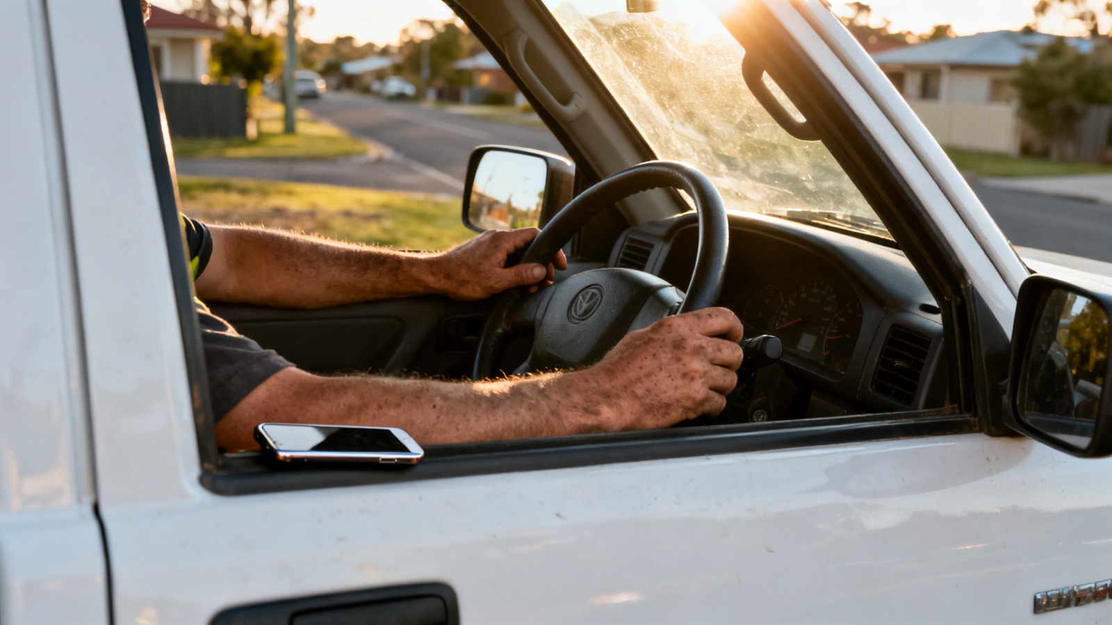 A tradesperson's hands on the steering wheel of an Australian ute with a phone on the seat