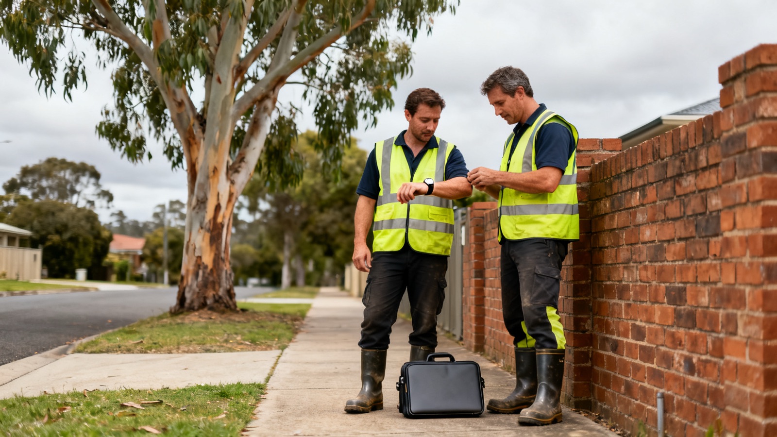 Two tradespersons checking the time on a suburban Australian street