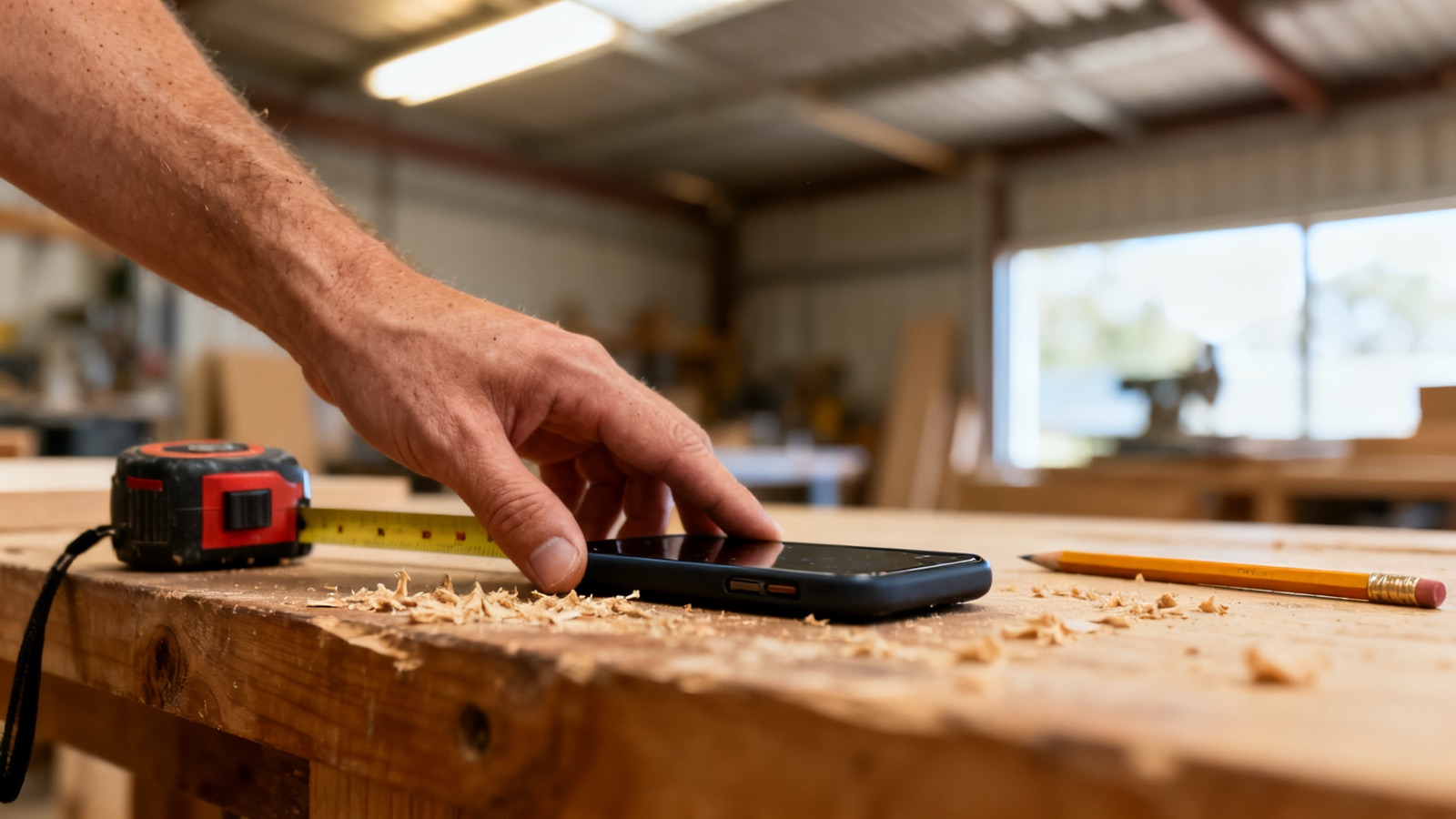 A phone face-down on a workshop bench beside trade tools