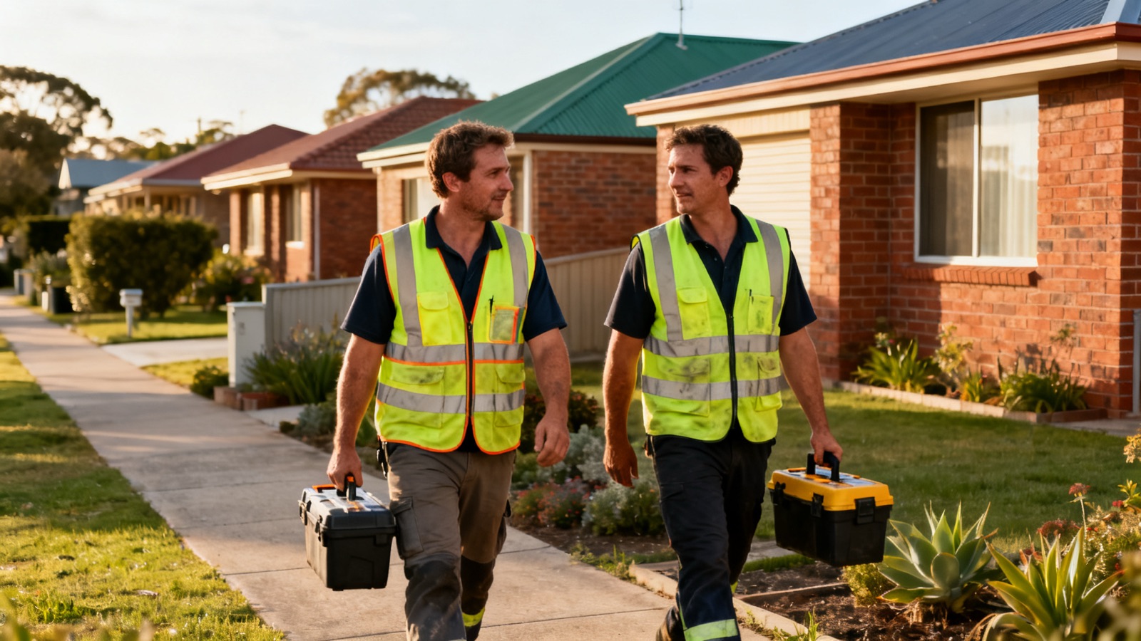 Two tradespersons walking along a suburban Australian street with toolboxes