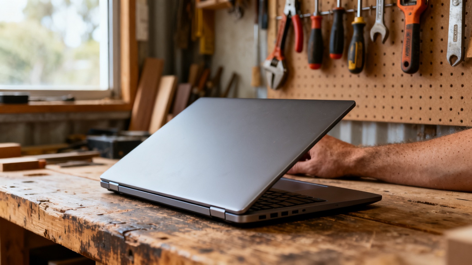 Closed laptop on a workshop bench, representing the technical setup behind a trade business website